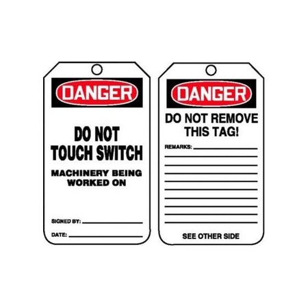 Accuform Safety Tags, DANGER DO NOT TOUCH SWITCH MACHINERY BEING WORKED ON, 5.75in x 3.25in, RP-Plastic, 5PK MDT215PTM
